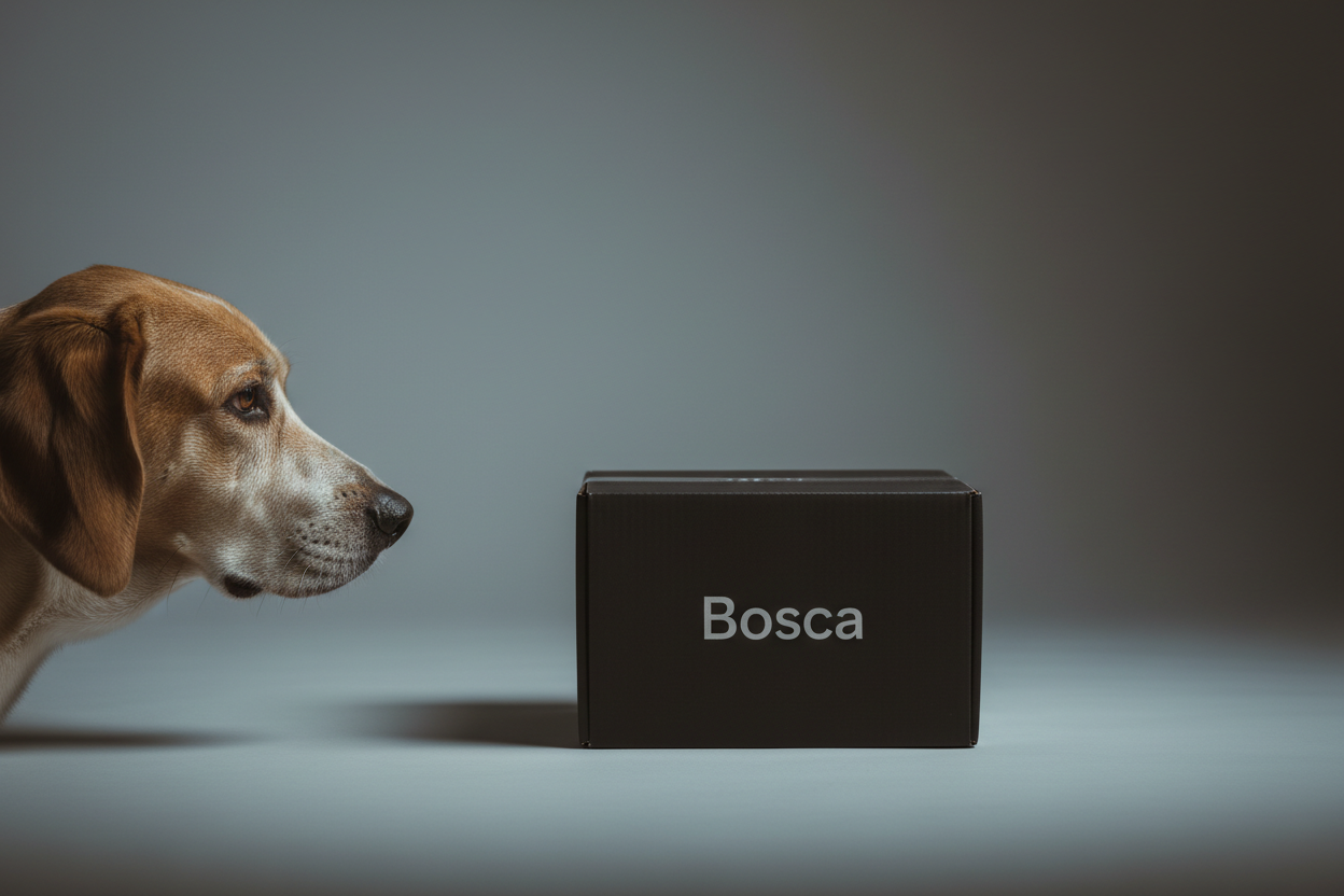 Minimalist dog with Bosca box