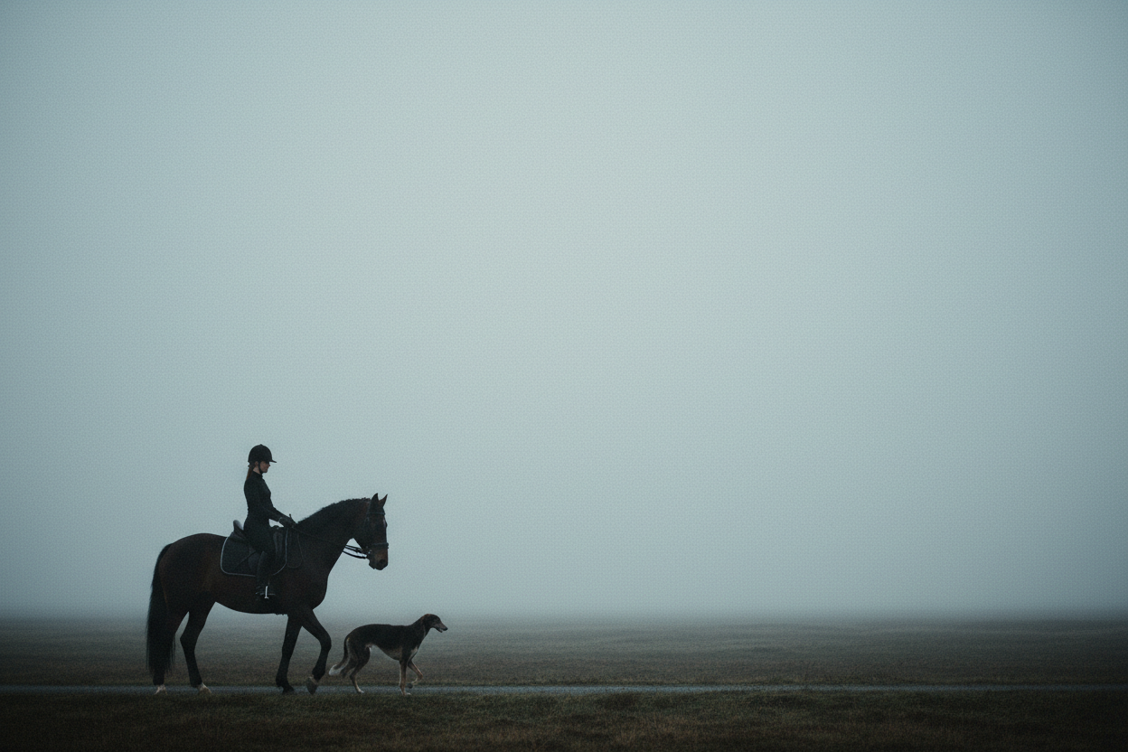 Minimalist moody English rider with horse and dog